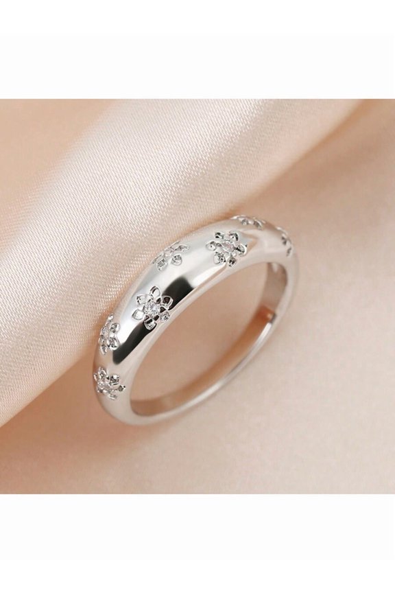 Silver Floral Cubic Zirconia Decor Ring For Women