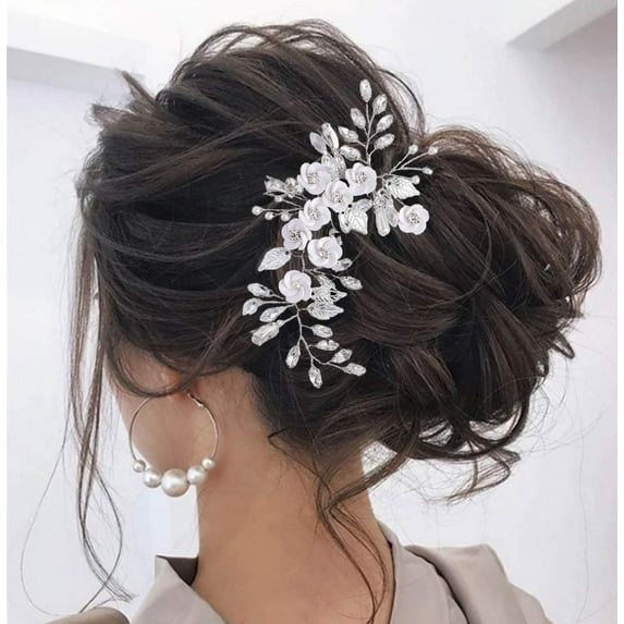 Silver Flower Bride Wedding Hair Vine Crystal Bridal Hair Piece Rhinestone Hair Accessories Leaf Hair Jewelry for Women and Girls(5.5Inches)