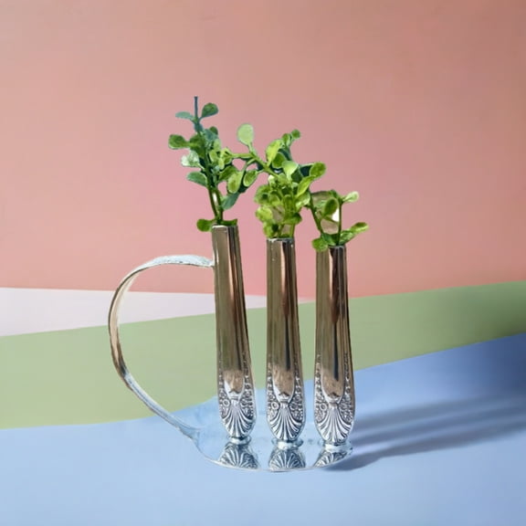 Silver Flower Bud Vase- Triple, 4.3" Tall, Vintage Silverware Metal Art, Made in USA