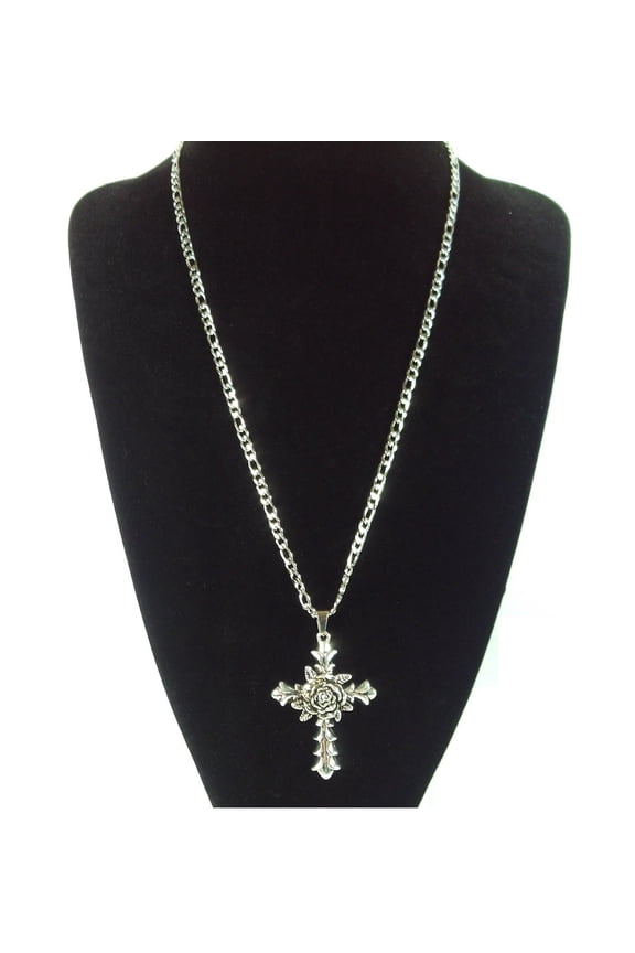 Silver Flower Cross 24-Inches Prayer Religious Crucifix 5mm Wide Stainless Steel Cross Pendant Chain Necklace Set Gift