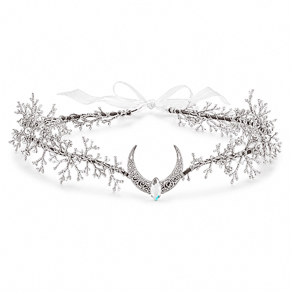 Silver Flower Moon Crown, Handmade Woodland Fairy Headpiece with Leaves and Rhinestones, Adjustable Elven Tiara for Renaissance, Halloween, Wedding, Cosplay, and Festivals