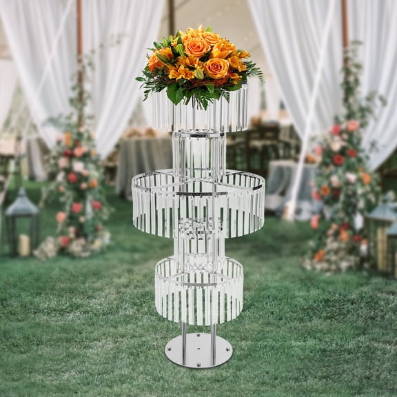 Silver Flower Stand, Acrylic Crystal Pendants on Sturdy Frame, 11in Base Diameter with Rounded Safety Corners