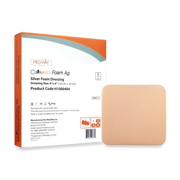 Silver Foam Ag Sterile Highly Absorbent Antibacterial Dressing w/o PU Backing, 4"x 4", 5 dressings/Box, MedHeal by MedvanceTM