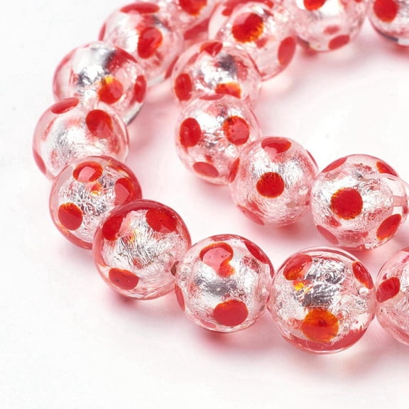 Silver Foil 1 strand Handmade Silver Foil Lampwork Beads Strands Round Polka Dot Pattern Orange Red 12mm Hole: 1mm 25pcs/strand 11.2 inch