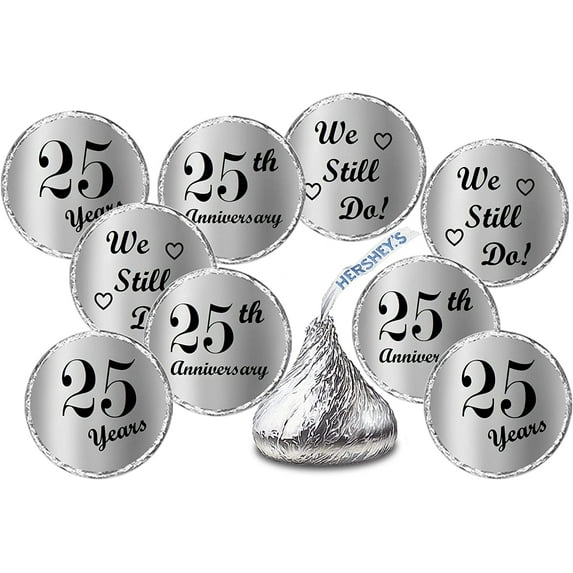 Silver Foil 25th Anniversary Kisses Stickers, (Set of 216) Chocolate Drops Labels Stickers for 25 Wedding Anniversary, Party Favors Decor for Kisses