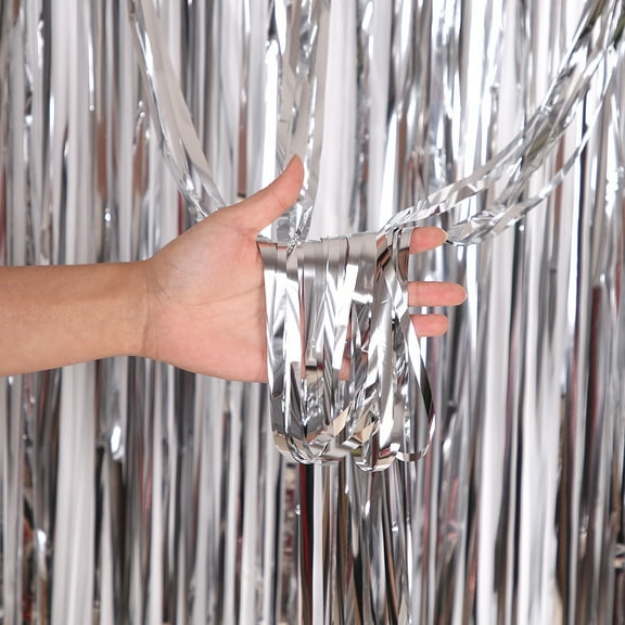 Silver Foil Fringe Backdrop Curtains, Tinsel Streamers Birthday Party Decorations, Fringe Backdrop for Graduation, Baby Shower, Gender Reveal, Disco Party