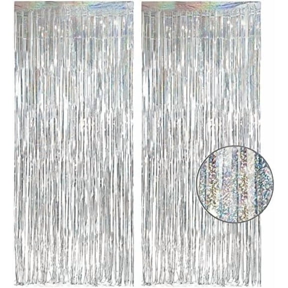 Silver Foil Fringe Tinsel Backdrop - Metallic Tinsel Streamers Curtains for 2026 NYE/Prom/Dancing Ball/Christmas/Bachelorette Party Decorations - Pack of 2