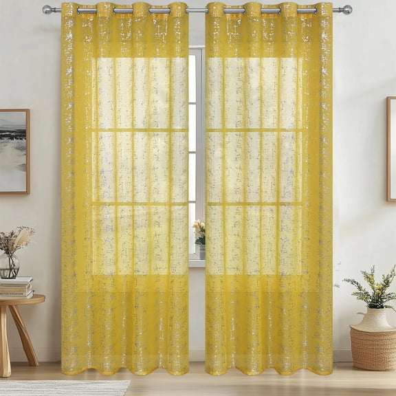Silver Foil Printed Semi Sheer Window Curtains with Embossed Pattern Polyester Fabric for Living Room Bedroom Study Room Home Decor Light Filtering Drapes