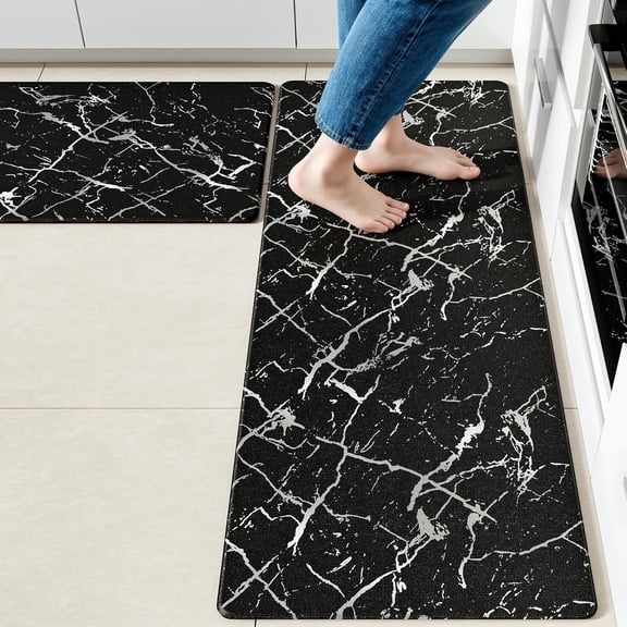 Silver Foil Stamped Marble Kitchen Mats for Floor 2PCS Cushioned Anti Fatigue Non Slip Waterproof Comfort Leather Kitchen Rugs 2/5 Inch PVC Kitchen Mats for Sink, Laundry, 17.3"x29"+17.3"x47", Black