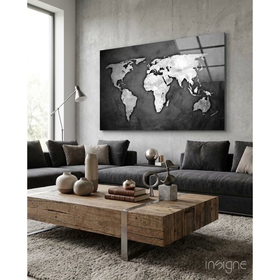 Silver Foil World Map Dark Glass Wall Art