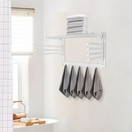 Silver Foldable Wall Mounted Swivel Towel Rack W/ Hooks&Swing Arms