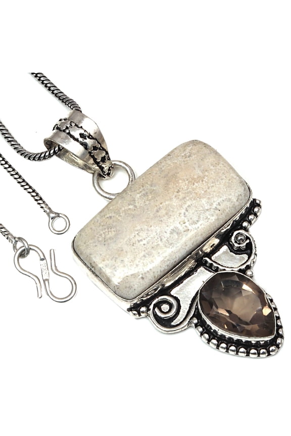 Silver Fossil Coral Smoky Quartz Gemstone Handmade Jewelry Pendants 2"
