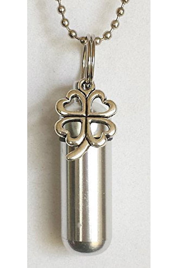 Silver Four Leaf Clover Cremation Urn Keepsake with Engraved Heart - Includes Velvet Pouch, Ball Chain & Fill Kit