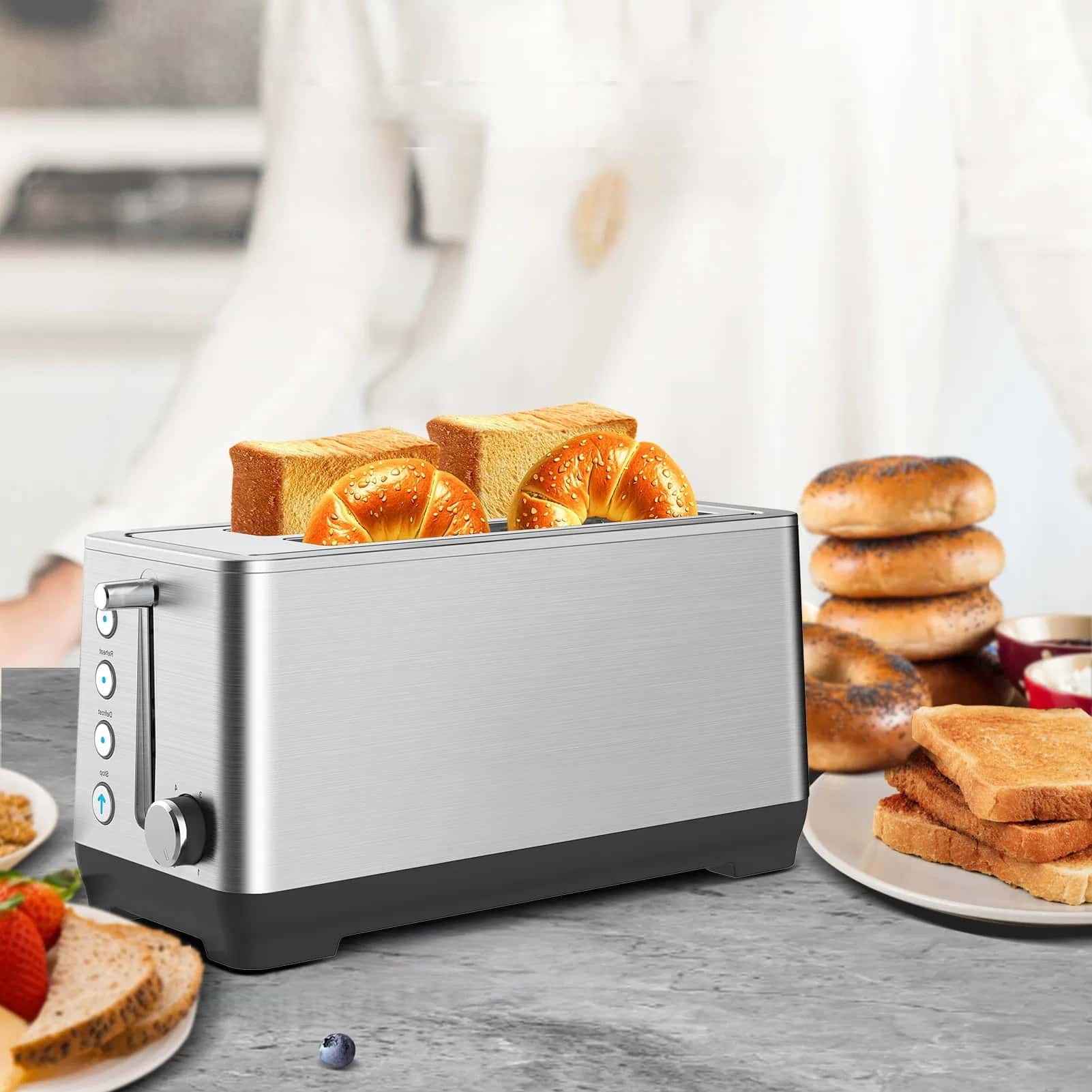 Silver Four-slot Toaster, with Ultra-wide and Long Slots, Six Levels of Baking Settings, Re-heating Function, and Detachable Debris Tray. Suitable for Home Use.