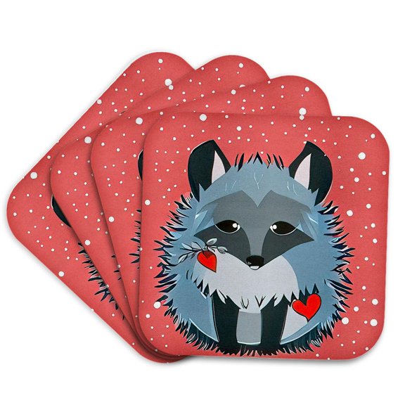 3drose, Silver Fox, Snowfall, Red Hearts, Coral Red Background Digital Art, Set of 4 Coasters - Soft