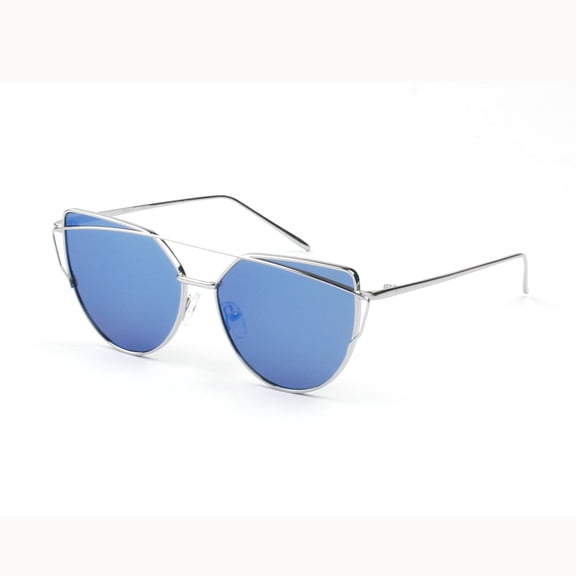Silver Frame Cat Eye Aviator Sunglasses, Blue Mirror Lens - UV400 Protection Trendy Fashion Shades for Women Vacation & Streetwear