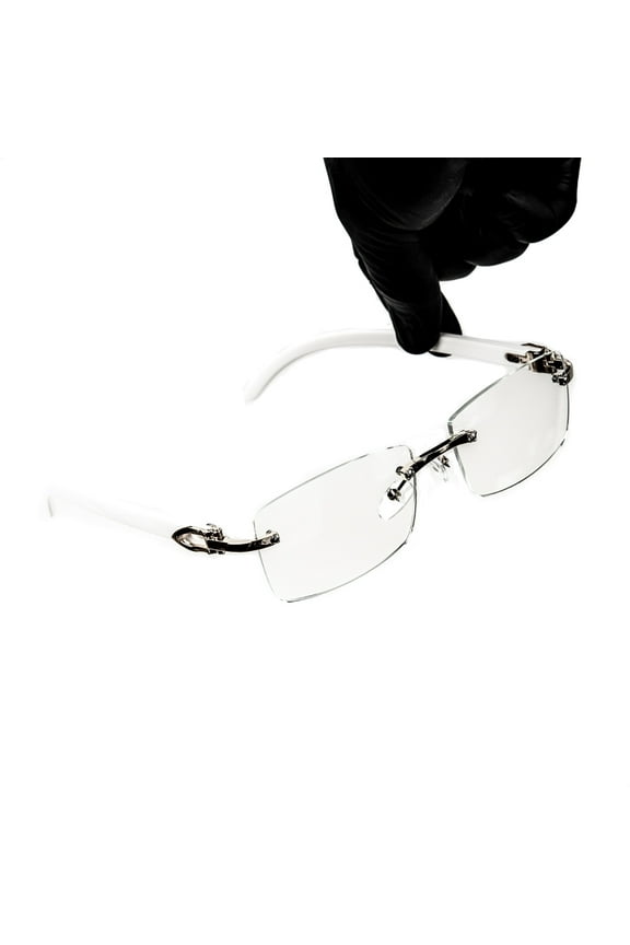 Silver Frame Retro Vintage White Wood Arm Trendy Style Designer Rimless Clear Lens Mens Women Rectangular Unisex Square Frameless Clear Tint Rectangle Hip Hop Buffs Eye Glasses