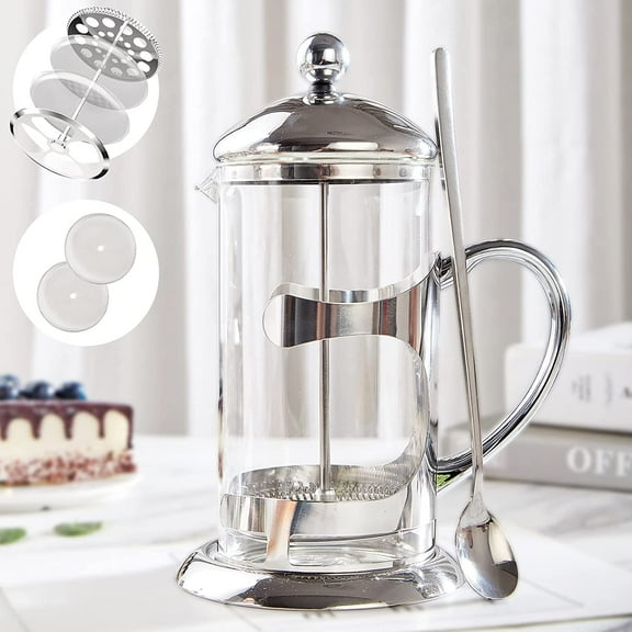 Silver French Press Coffee Maker, Luxury Design French Coffee Press with 4-Level Filter System, High-Grade Glass for Hot & Cold Resistance, Include Long Size 304 Stainless Steel Spoon - 34oz
