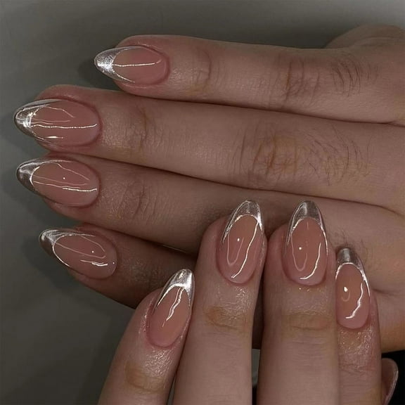 Silver French Tip Press On Nail Short Almond Full Cover False Nail Simple Stick on Nail Simple Artificial Nail