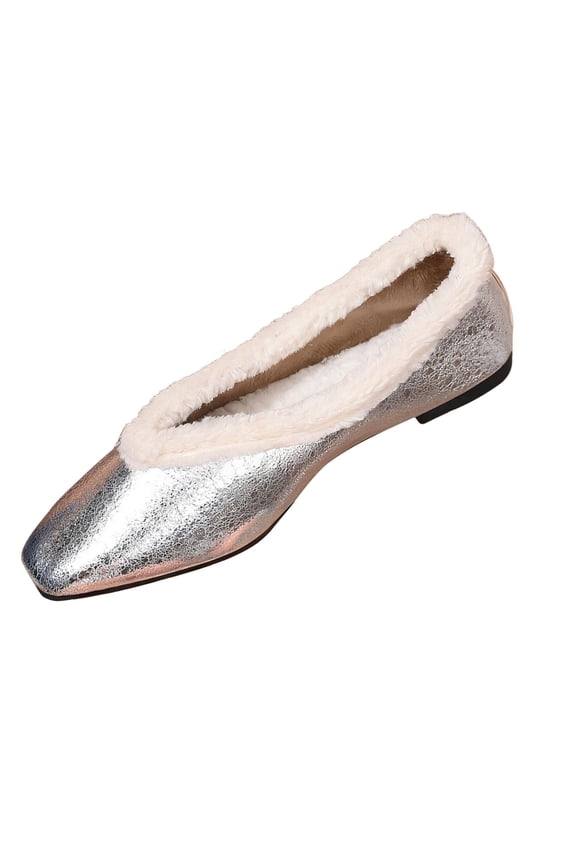 Silver Fur Flats For Ladies Winter Square Toe Fleece Lined Warm Slip-On Low Cut Cozy Soft Sole Non-Slip Thickened Casual Daily Wear Shoes Size 39