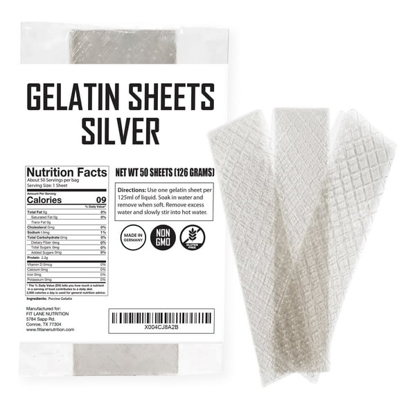 Silver Gelatin Sheets for Baking 25 Sheets (63 Grams) Unflavored Clear Leaf Sheets for Desserts 170 Bloom Strength Product of Germany Easy to Use by Fit Lane Nutrition