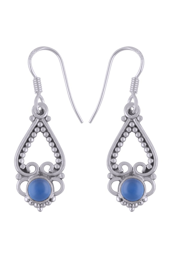 Silver And Gem Exports Natural Chalcedony Blue 5mm Cabochon Round Shape Gemstone Surrounded by Stunning Wire & Rawa Work Pattern Handmade 925 Sterling Solid Silver Dangle Earrings For Womens