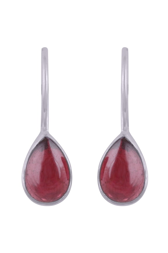 Silver And Gem Exports Natural Garnet 7x10mm Cabochon Pear/Drop Shape Gemstone in Alluring Bezel Setting Handmade 925 Sterling Solid Silver Hook Closure Dangle Earrings Jewellery For Womens