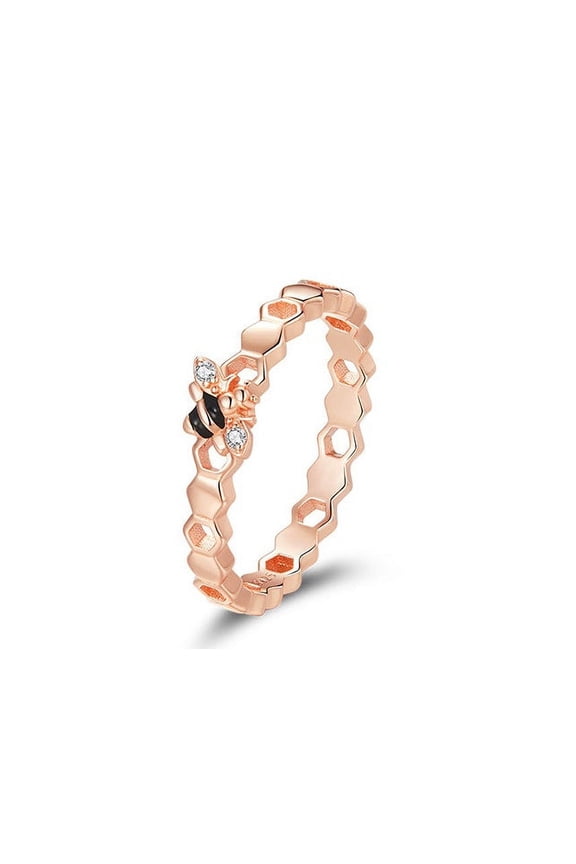 Silver Geometric Bee Ring Rose Gold Plaid Electroplated Finish Ring European American Geometric Style Travel Gift Geometric Ring Bee Jewelry