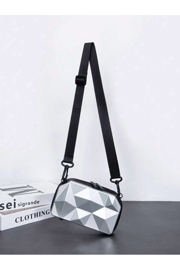 Silver Geometric Hard-Shell Crossbody Bag Mini Shoulder Bag