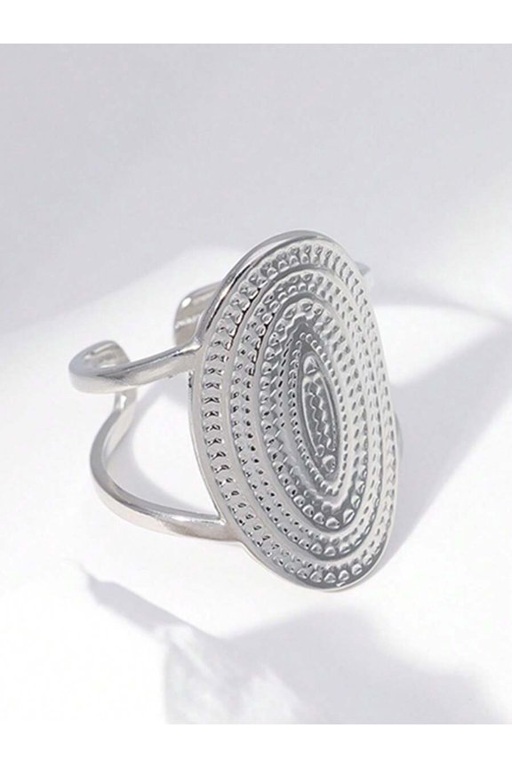 Silver Geometric Oval Textured Open Ring Adjustable Stainless Steel