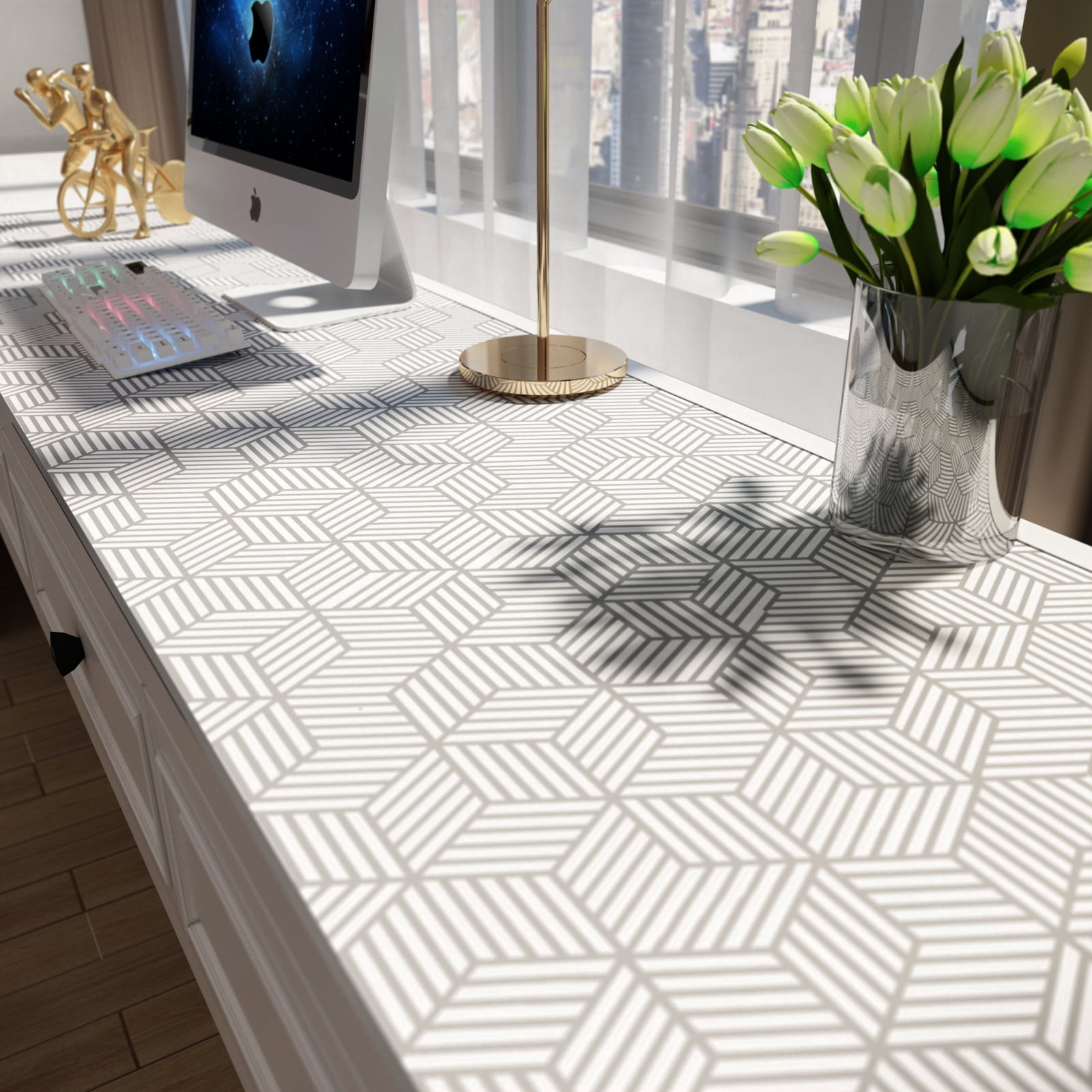 Silver Geometric Wallpaper Peel and Stick Hexagon Contact Paper for Cabinets Self Adhesive Removable Waterproof Vinyl Roll Decorative Silver Paper for Kitchen Shelf Countertop Wall 17.7"x236"