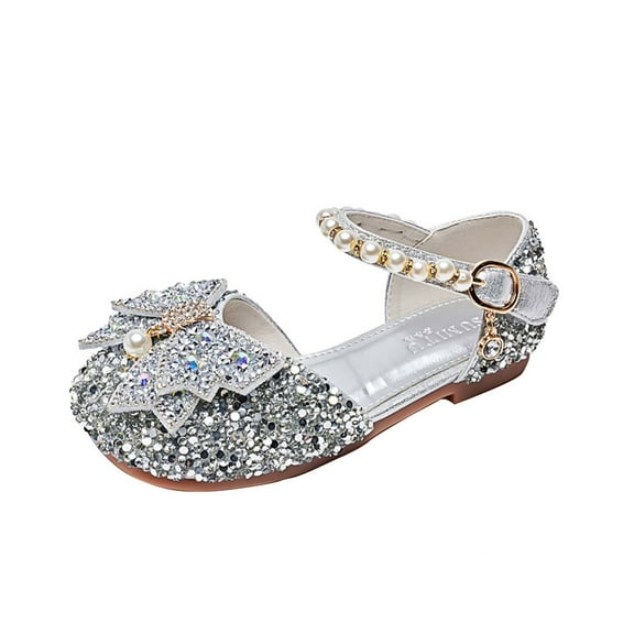 Silver Girls Artificial Leather Crystal Princess Shoes For Performances Modeling And School Events, Soft Sole
