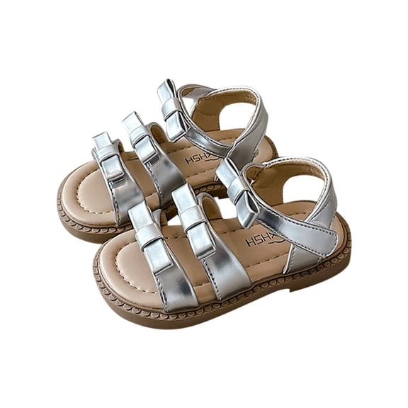 Silver Girls' Bow Sandals With Soft Rubber Soles, Ideal For Casual Princess Wear And Lightweight Comfort