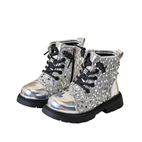 Silver Girls Mid Height Boots With Sequined Details British Influence For Cold Seasons Synthetic Leather Upper Comfort Fit