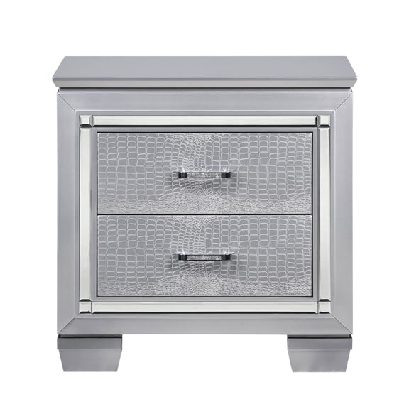 Silver Glam Nightstand | LED Lit for Bedroom Use | Solid Wood with Faux Alligator Emboss | No Assembly Needed
