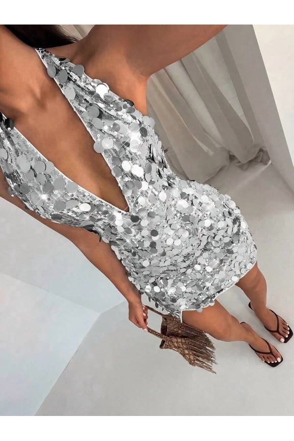 Silver Glamine Gold 70s Party Woman Charming Deep V-Neck Backless Halter