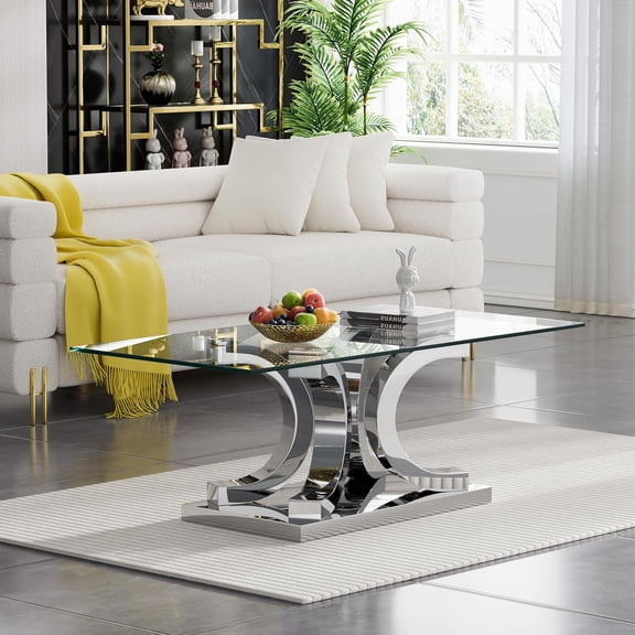 Silver Glass Coffee Table,Luxurious 47.24'' Glass Entryway Table with Tempered Glass Tabletop and Mirror Finished Stainless Steel Base,Modern Glass Coffee Table for Home