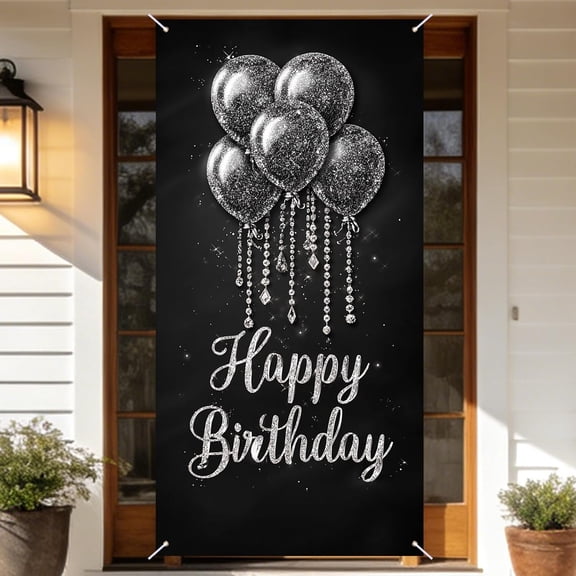 Silver Glitter Balloon Happy Birthday Door Banner Polyester 35.4x70.86 Inches Covers for Front Door, Birthday Party Decoration Banner for Home, Party Venue, Indoor Outdoor Use