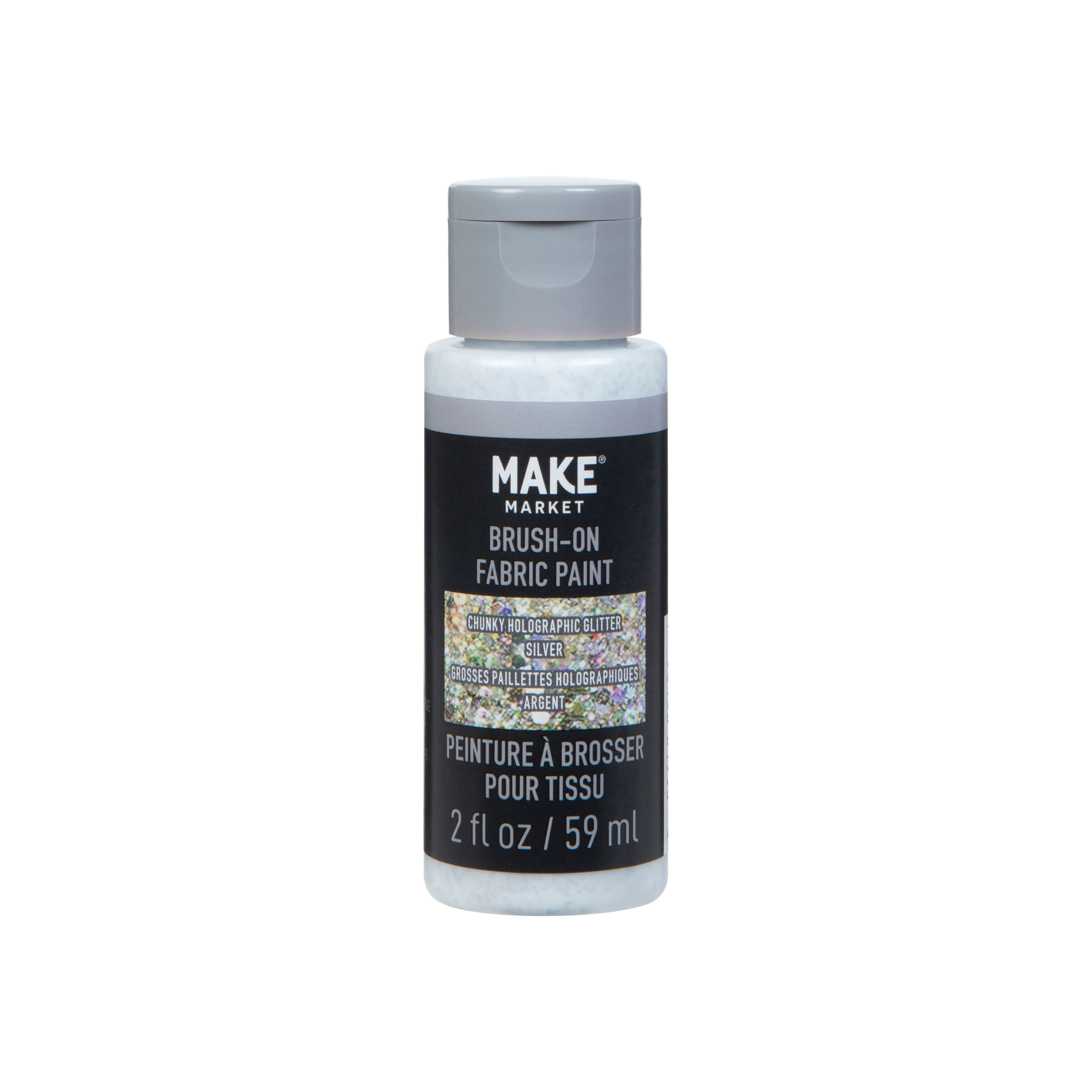 Make Market Silver Glitter Brush-On Fabric Paint - 2oz Bottles in Assorted Colors for Use with Brush, Sponge or Stamp, Nontoxic & Washable, 12 Pack