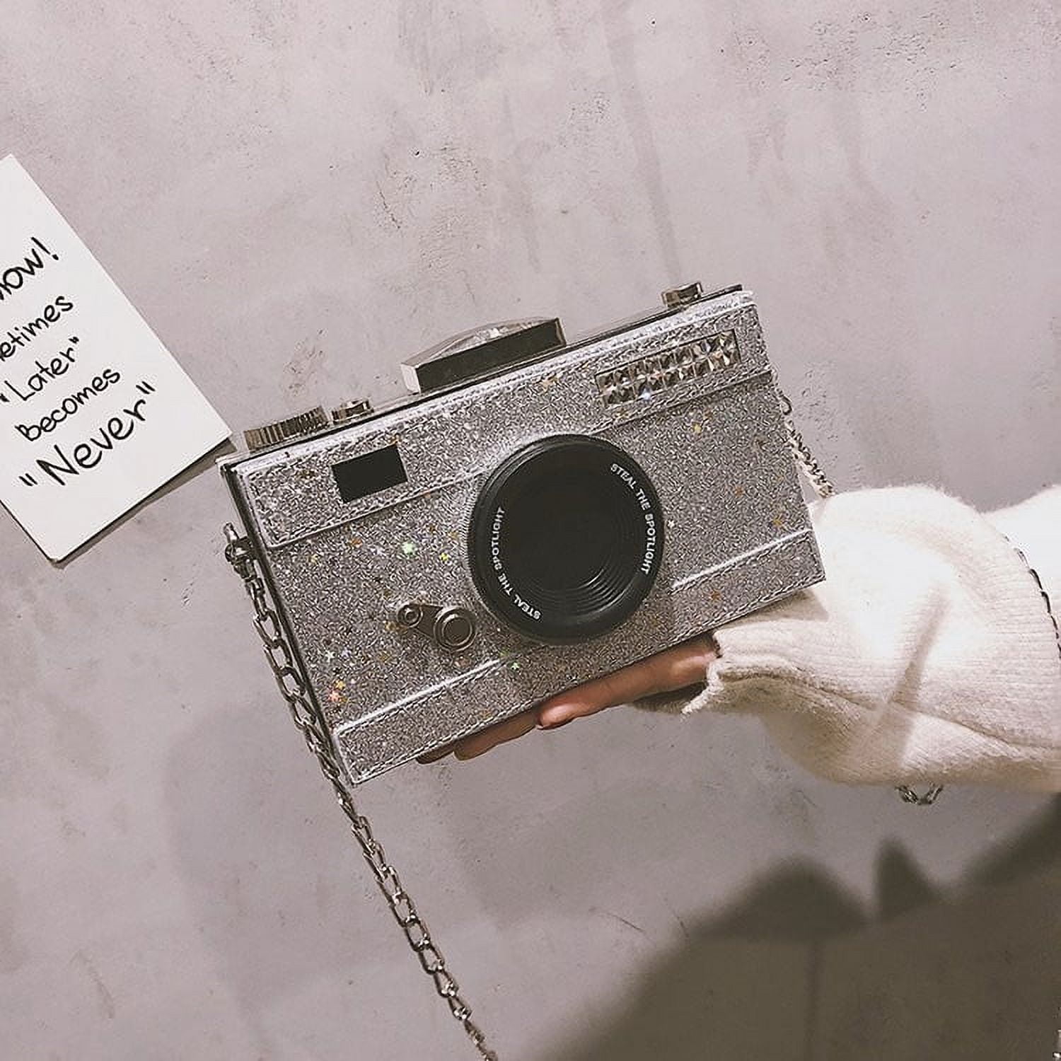 Silver Glitter Camera Shaped Crossbody Bag, Evening Clutch Purse for