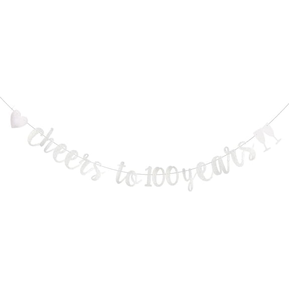 Silver Glitter Cheer 100 Years Banner, Pre-Strung, 100TH Birthday Party/100TH Wedding Anniversary Party Decorations, Cheers to 100 Years