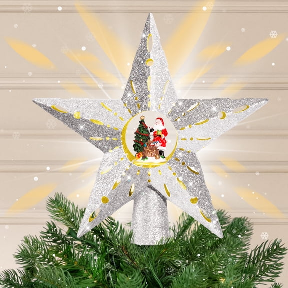 Silver Glitter Christmas Tree Topper Star, 360 Rotating Function with Built-in Projector & Warm Light Show, Santa Claus & Christmas Tree Scene Projection, Perfect Festive Decoration for Home Holiday
