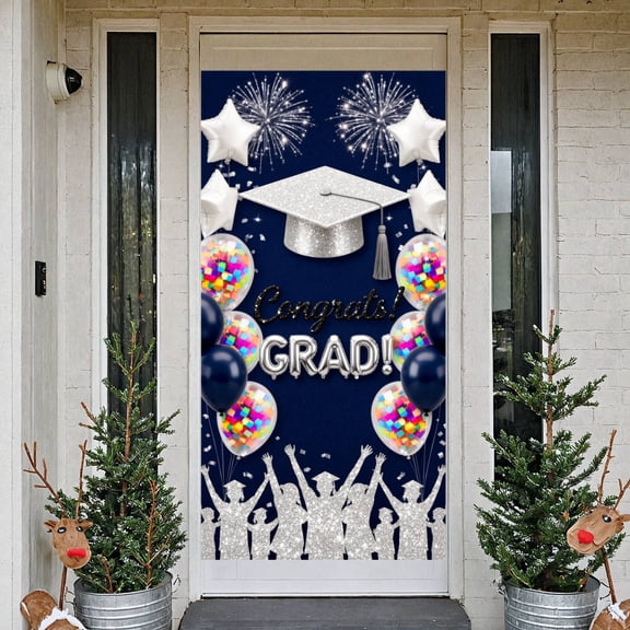 Silver Glitter Congrats Grad Banner Navy Blue Background Graduation Display Confetti Balloons Graduation Backdrop for High School Graduation College Grad Party Graduation Ceremony