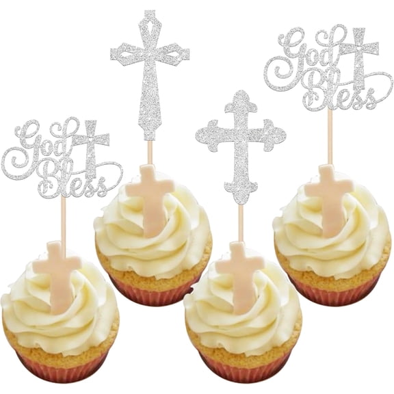 Silver Glitter Cross Cupcake Toppers, God Bless Design, Baptism and Religious Party Decorations, 12 Pack