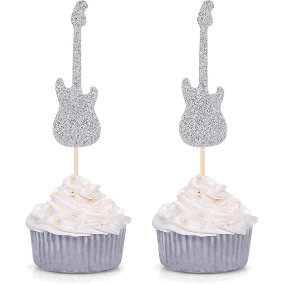 Silver Glitter Electric Guitar Cupcake Toppers, 12 Pack Rock Music Party Picks, Rockstar Birthday or Concert Themed Cake Decor Supplies