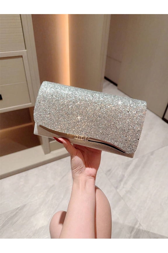 Silver Glitter Flip Clutch Evening Bag Envelope Style For Wedding Prom