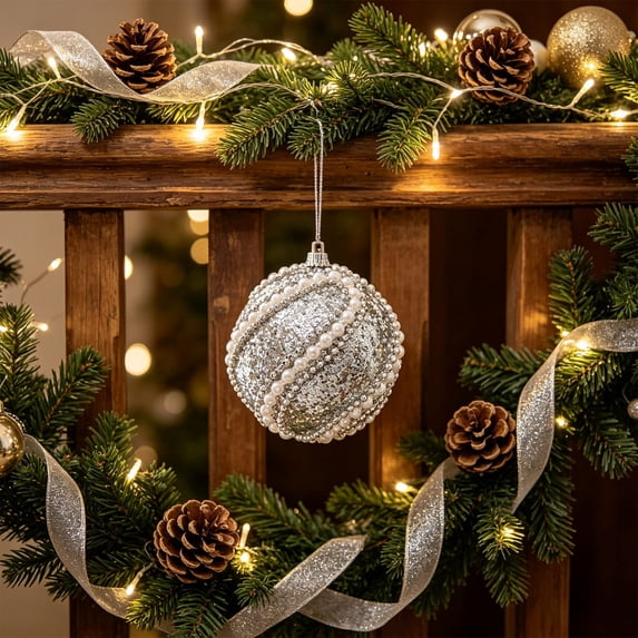 Silver Glitter Foam Christmas Ball Ornament, Rhinestone Beaded Hanging Bauble for Christmas Tree Decor Wreath Mantel Holiday Home Decor