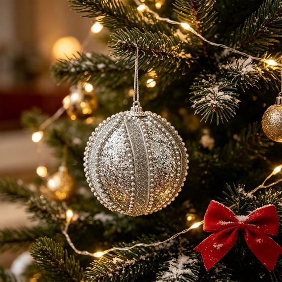 Silver Glitter Foam Christmas Ball Ornament, Rhinestone Beaded Hanging Bauble for Christmas Tree Decor Wreath Mantel Holiday Home Decor
