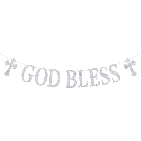 Silver Glitter God Bless Banner with Cross Cutouts, Baptism Christening First Communion Religious Party Wall Garland Decor