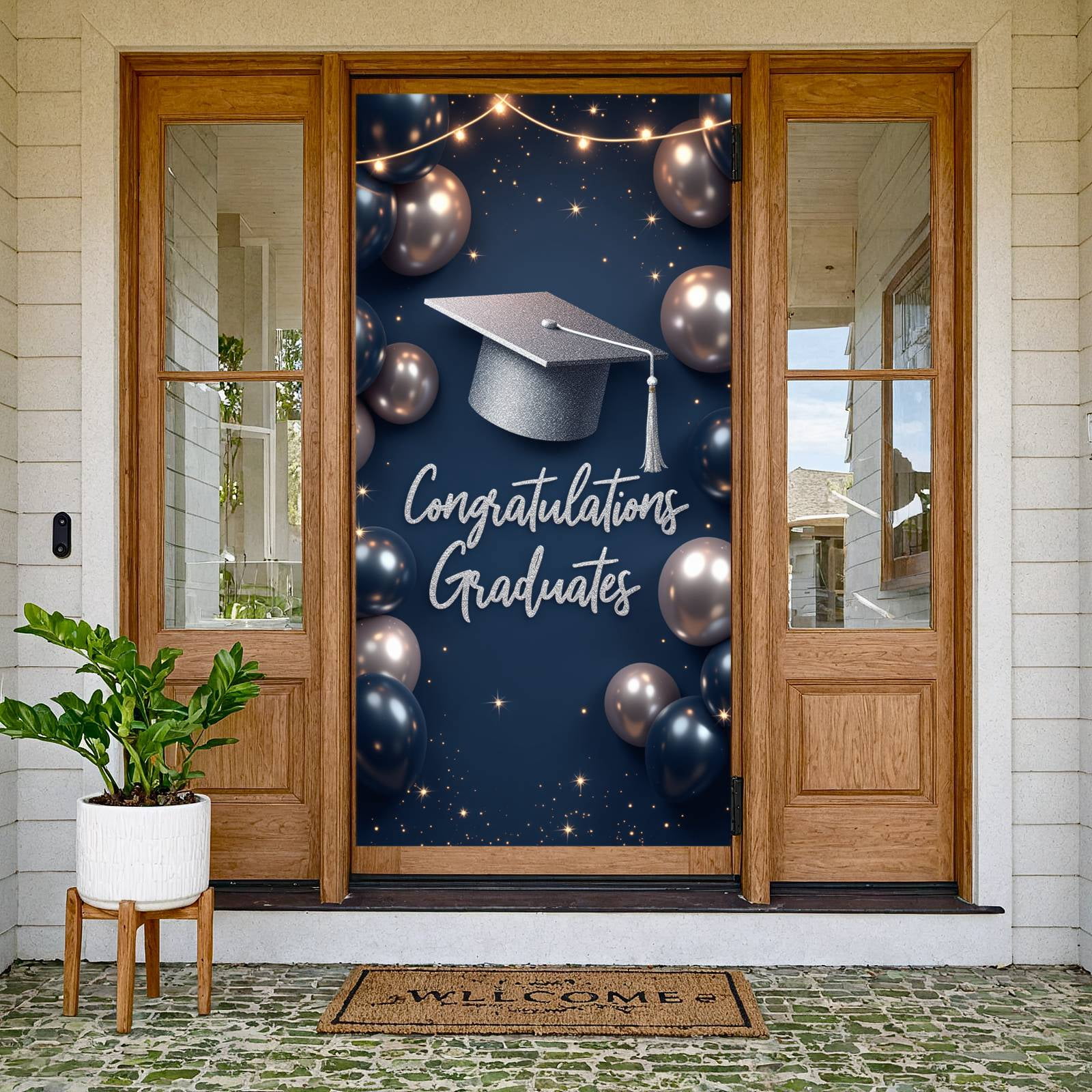 Silver Glitter Graduation Banner Navy Blue Backdrop Sparkly Lettering ...